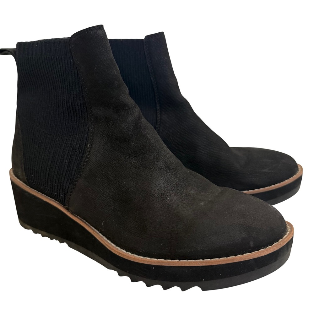 Eileen Fisher Black Lilou Nubuck Stretch Knit Bootie Wedge Women Size 9.5